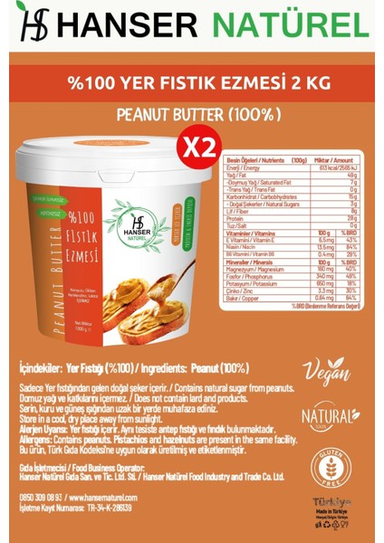 Natürel %100 Fıstık Ezmesi 2 Kg Şekersiz, Katkısız, Taze çekim (2 X 1000 Gr)