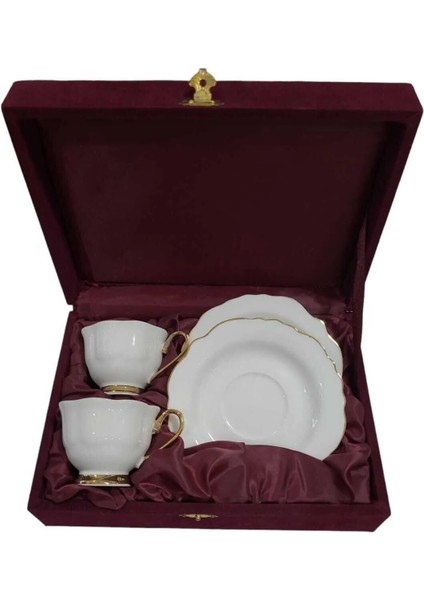 Porselen Bone China Krem Gold 2'li Türk Kahve Fincan Set Kadife Kutuda Elde Yıkanır Ince Yaldızlı