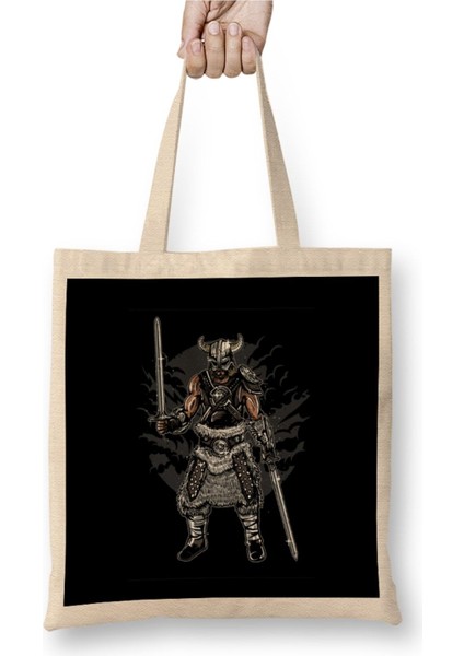 Krem renkli Viking ve kılıç motifli uzun saplı bez çanta, şık ve kullanışlı tasarım