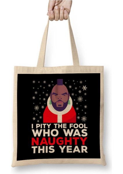 Yılbaşı Temalı Örgü Desenli Uzun Saplı Bej Bez Çanta, Şık ve Kullanışlı Tasarım