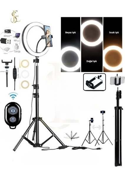 Ensiga Mega Paket Bluetooth Kumandalı 10INÇ Rıng Lıght Youtuber Tıktok LED Telefon Tutacaklı 2.1mt Trıpod