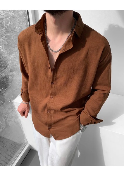 Magıcalfashıon Erkek Oversize Uzun Kollu Yazlık Keten Gömlek