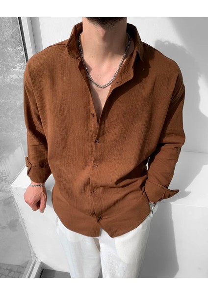 Magıcalfashıon Erkek Oversize Uzun Kollu Yazlık Keten Gömlek