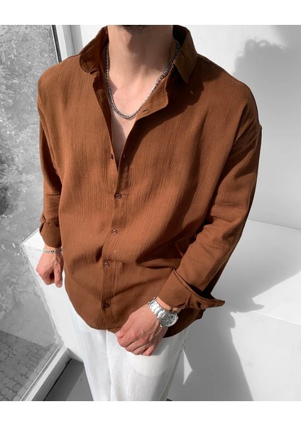 Magıcalfashıon Erkek Oversize Uzun Kollu Yazlık Keten Gömlek