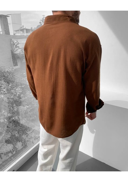 Magıcalfashıon Erkek Oversize Uzun Kollu Yazlık Keten Gömlek