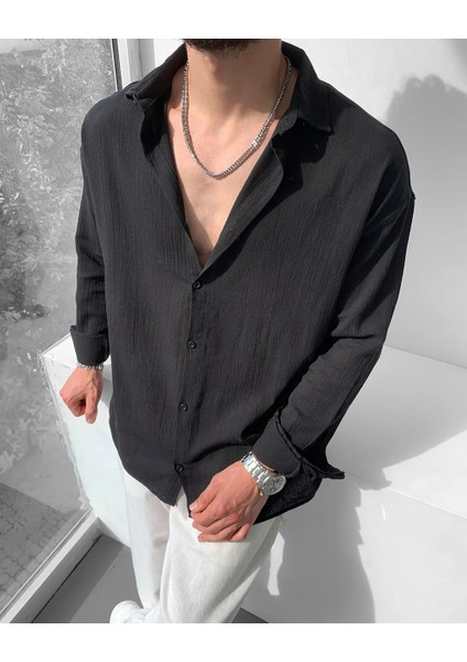 Magıcalfashıon Erkek Oversize Uzun Kollu Yazlık Keten Gömlek