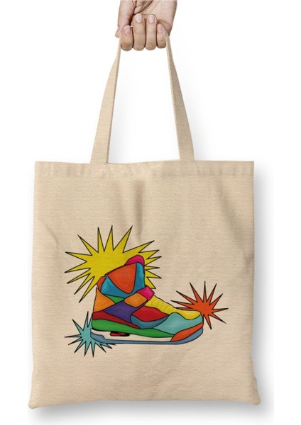 Renkli kil desenli ayakkabı ve uzun saplı bez çanta seti, krem bej renkli, günlük kullanım