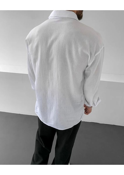 Magıcalfashıon Erkek Oversize Uzun Kollu Yazlık Keten Gömlek