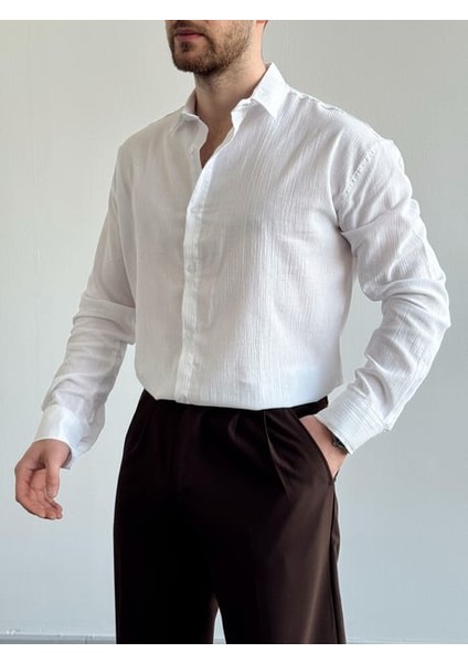 Magıcalfashıon Erkek Oversize Uzun Kollu Yazlık Keten Gömlek