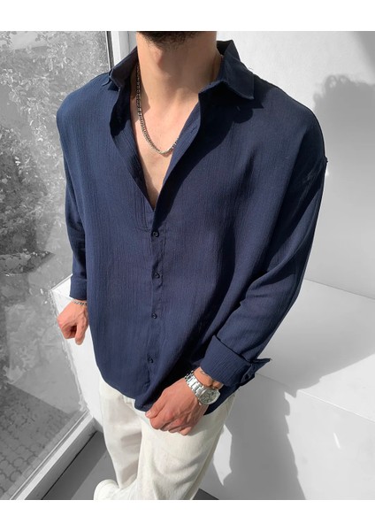 Magıcalfashıon Erkek Oversize Uzun Kollu Yazlık Keten Gömlek
