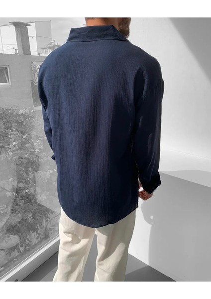 Magıcalfashıon Erkek Oversize Uzun Kollu Yazlık Keten Gömlek