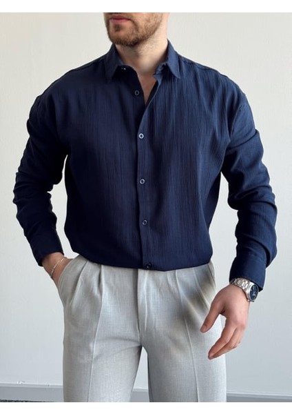 Magıcalfashıon Erkek Oversize Uzun Kollu Yazlık Keten Gömlek