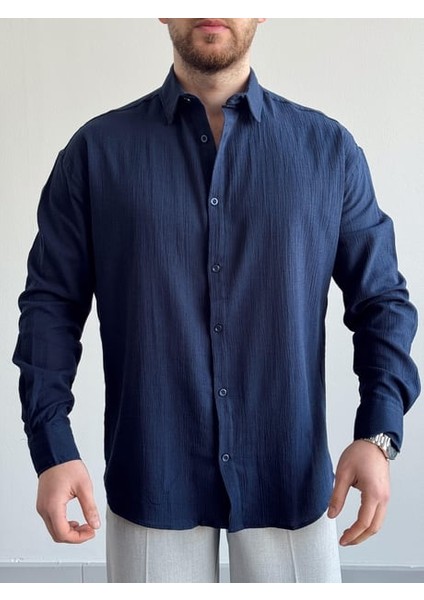 Magıcalfashıon Erkek Oversize Uzun Kollu Yazlık Keten Gömlek