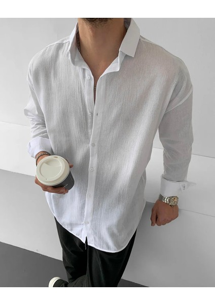 Magıcalfashıon Erkek Oversize Uzun Kollu Yazlık Keten Gömlek