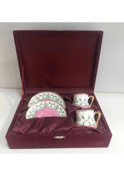 2'li Ince Osmanlı Çiçekli Kahve Fincan 90 cc Kadife 23 x 17 cm Kutulu Pembe Beyaz Gold Porselen