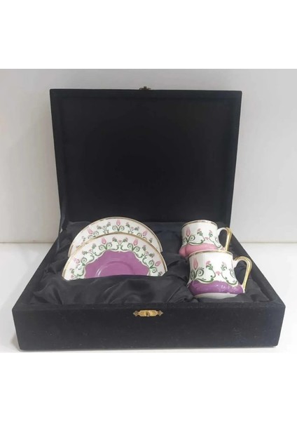 2'li Ince Osmanlı Çiçekli Kahve Fincan 90 cc Kadife 23 x 17 cm Kutulu Pembe Beyaz Gold Porselen modelleri