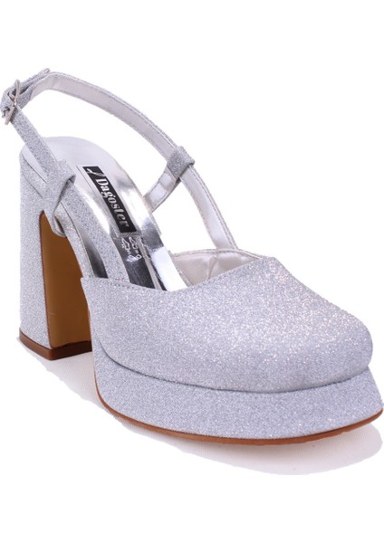 DZA07-337560 Gümüş Simli Platform Topuklu Kadın Ayakkabı
