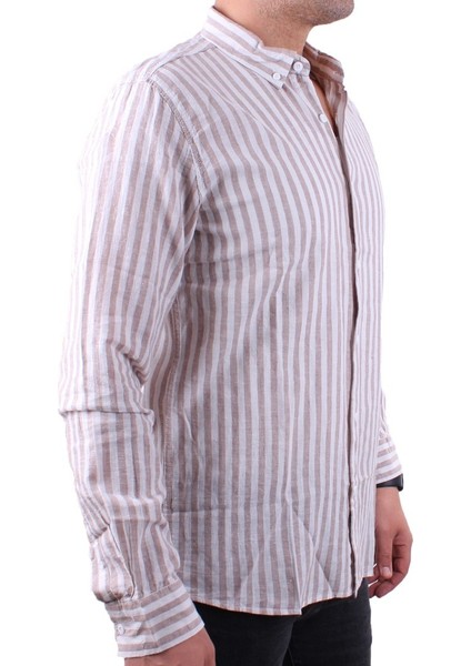 Twister 1905 Kahve Çizgili Uzun Kol Günlük Pamuk Karışımlı Keten Erkek Gömlek