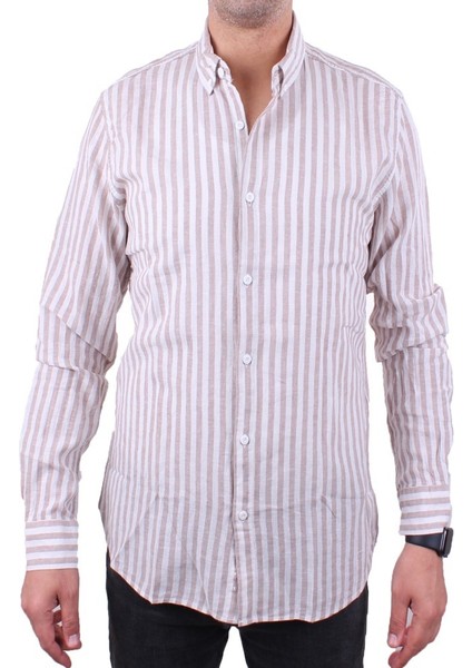 Twister 1905 Kahve Çizgili Uzun Kol Günlük Pamuk Karışımlı Keten Erkek Gömlek fiyatları