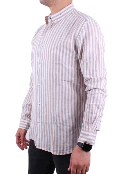 Twister 1905 Kahve Çizgili Uzun Kol Günlük Pamuk Karışımlı Keten Erkek Gömlek modelleri