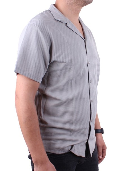 DMG23-199598 Gri Ottoman Örme Apaj Yaka Oversize Kalıp Kısa Kol Erkek Gömlek