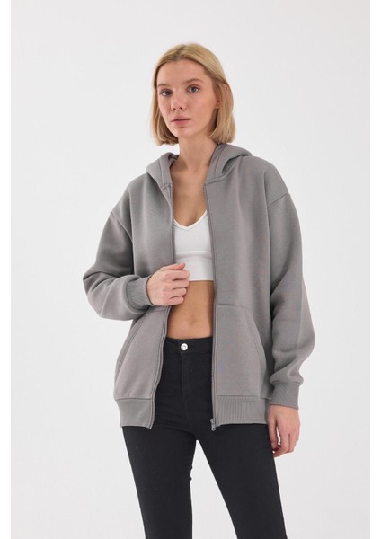 Unısex Şardonlu Oversıze Fermuarlı Kapşonlu Sweat