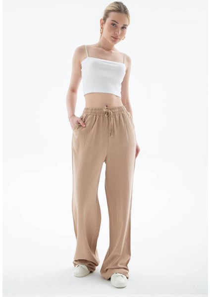 Yüksel Bel Geniş Paça Bej Kadın Pantolon 25Y0608K1