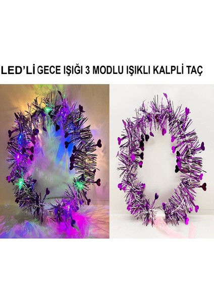 Kalp Püsküllü Gece Parıltısı 3 Modlu LED39LI Işıklı Taç Mor Renk