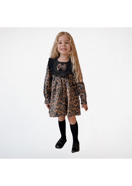 Leopar Desenli Fırfırlı Kız Çocuk Elbise – Siyah/Kahverengi