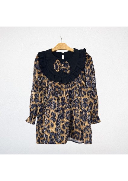 Leopar Desenli Fırfırlı Kız Çocuk Elbise – Siyah/Kahverengi fiyatları