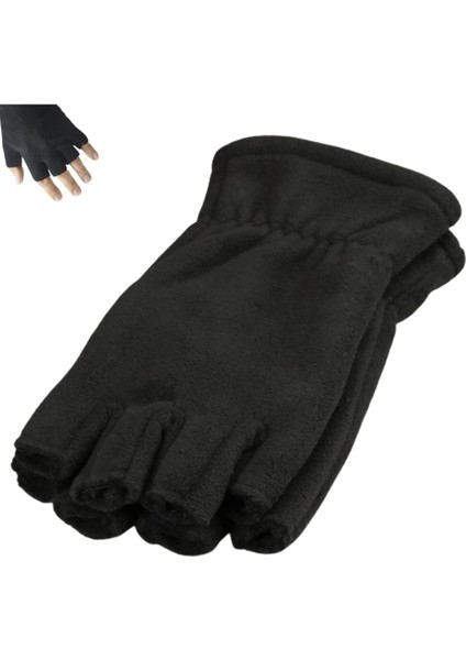 Siyah Unisex Parmaksız Yarım Parmak Polar Eldiven, Kışlık, Pamuklu, Dokuma Malzeme