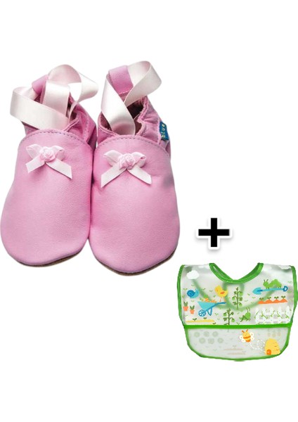 İkili Set, 6-18 Ay Iplay Mama Önlüğü ve 0-6 Ay Bebek Rose Ballet Pink El Yapımı Hakiki Deriden Patik