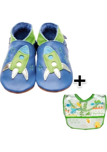 İkili Set, 6-18 Ay Iplay Mama Önlüğü ve 0-6 Ay Bebek Zoom Blue Pink El Yapımı Hakiki Deriden Patik