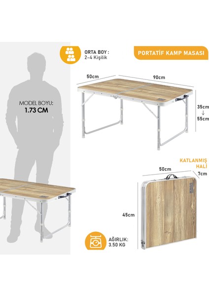 Portatif Kamp Masası, 2 Yükseklik Ayarlı, Katlanır Alüminyum Piknik Masası 90X50 Naturel Meşe fiyatları