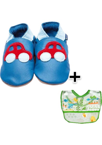 İkili Set, 6-18 Ay Iplay Mama Önlüğü ve 0-6 Ay Bebek Car Blue Red El Yapımı Hakiki Deriden Patik