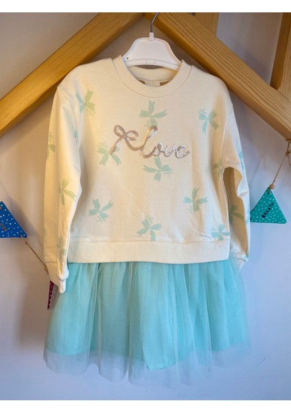 Kız Çocuk Tütü Etekli Payet Işlemeli Kurdele Baskılı %100 Pamuk Yeşil Astarlı Elbise fırsatları