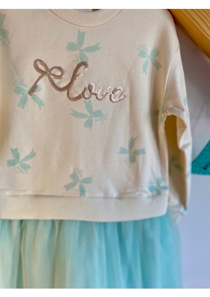 Kız Çocuk Tütü Etekli Payet Işlemeli Kurdele Baskılı %100 Pamuk Yeşil Astarlı Elbise