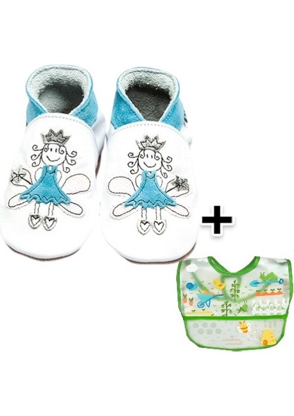 İkili Set, 6-18 Ay Iplay Mama Önlüğü ve 0-6 Ay Bebek Fairy Princess Blue El Yapımı Hakiki Deriden Patik