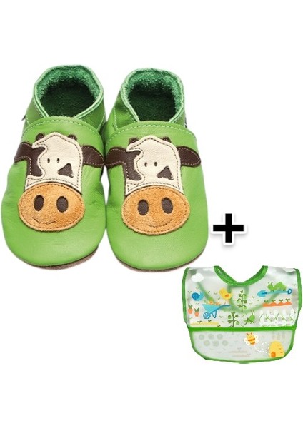 İkili Set, 6-18 Ay Iplay Mama Önlüğü ve 0-6 Ay Bebek Cow Green El Yapımı Hakiki Deriden Patik