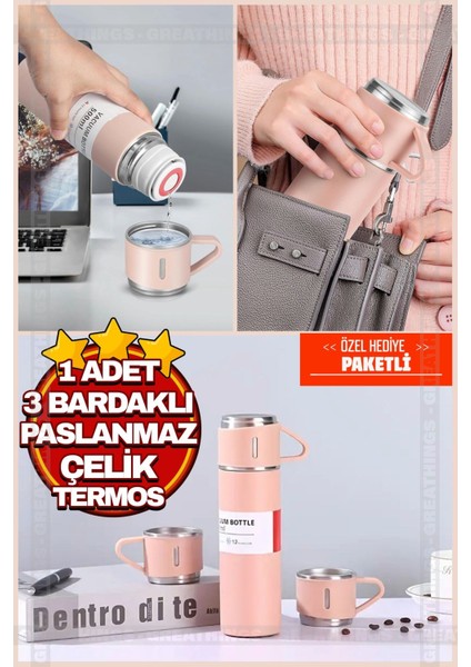 Vakumlu Çay Kahve Sıcak Soğuk Pembe Piknik Kamp Termosu Paslanmaz Çelik 3 Bardaklı 500ML Vakumlu Çay Kahve Sıcak Soğuk Termos Seti