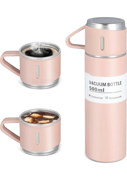 Vakumlu Çay Kahve Sıcak Soğuk Pembe Piknik Kamp Termosu Paslanmaz Çelik 3 Bardaklı 500ML Vakumlu Çay Kahve Sıcak Soğuk Termos Seti
