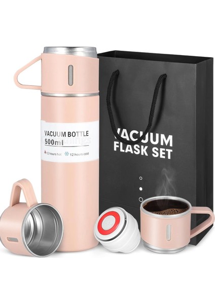 Vakumlu Çay Kahve Sıcak Soğuk Pembe Piknik Kamp Termosu Paslanmaz Çelik 3 Bardaklı 500ML Vakumlu Çay Kahve Sıcak Soğuk Termos Seti