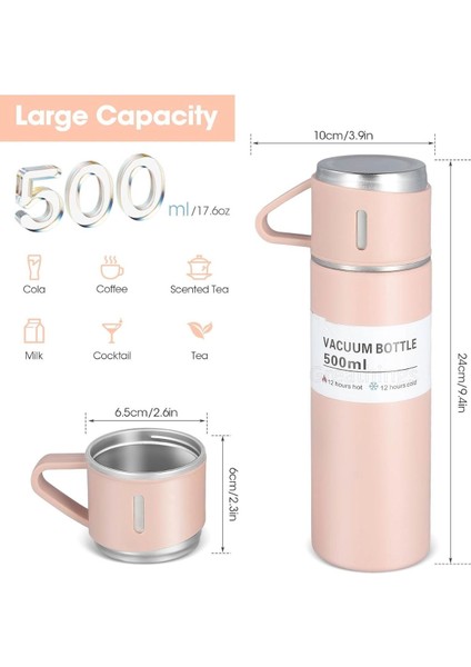 Vakumlu Çay Kahve Sıcak Soğuk Pembe Piknik Kamp Termosu Paslanmaz Çelik 3 Bardaklı 500ML Vakumlu Çay Kahve Sıcak Soğuk Termos Seti