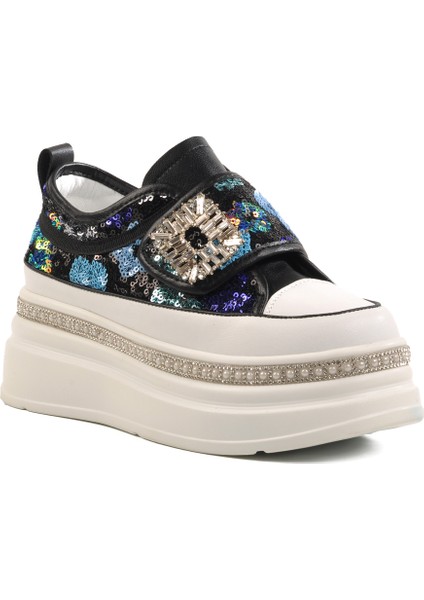 Siyah Yüksek Taban Taş Işlemeli Kadın Sneaker 25Y423-1 Z modelleri