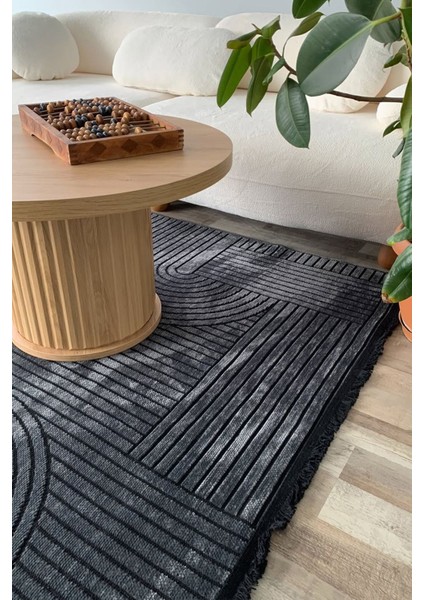 Etnik Desenli Antrasit Salon Halısı Mutfak Halısı Yolluk Otantik Halı
