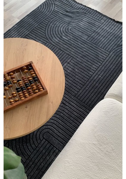 Etnik Desenli Antrasit Salon Halısı Mutfak Halısı Yolluk Otantik Halı