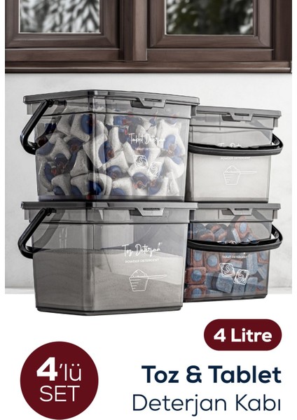 4'lü 4L Beyaz Serigrafili Plastik Toz Deterjan Saklama Kabı