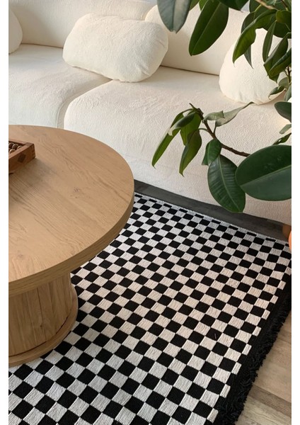 Dama Desenli Krem Siyah Salon Halısı Mutfak Halısı Yolluk Otantik Halı