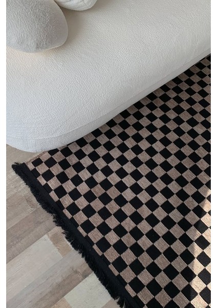 Dama Desenli Kahverengi Salon Halısı Mutfak Halısı Yolluk Otantik Halı