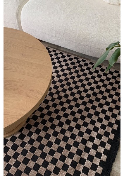 Dama Desenli Kahverengi Salon Halısı Mutfak Halısı Yolluk Otantik Halı